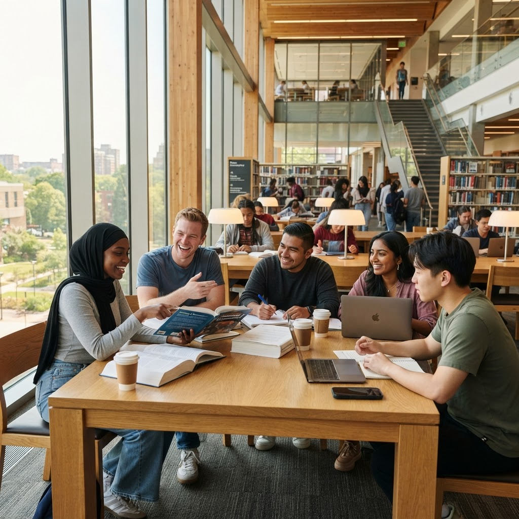 Students learning together in a library